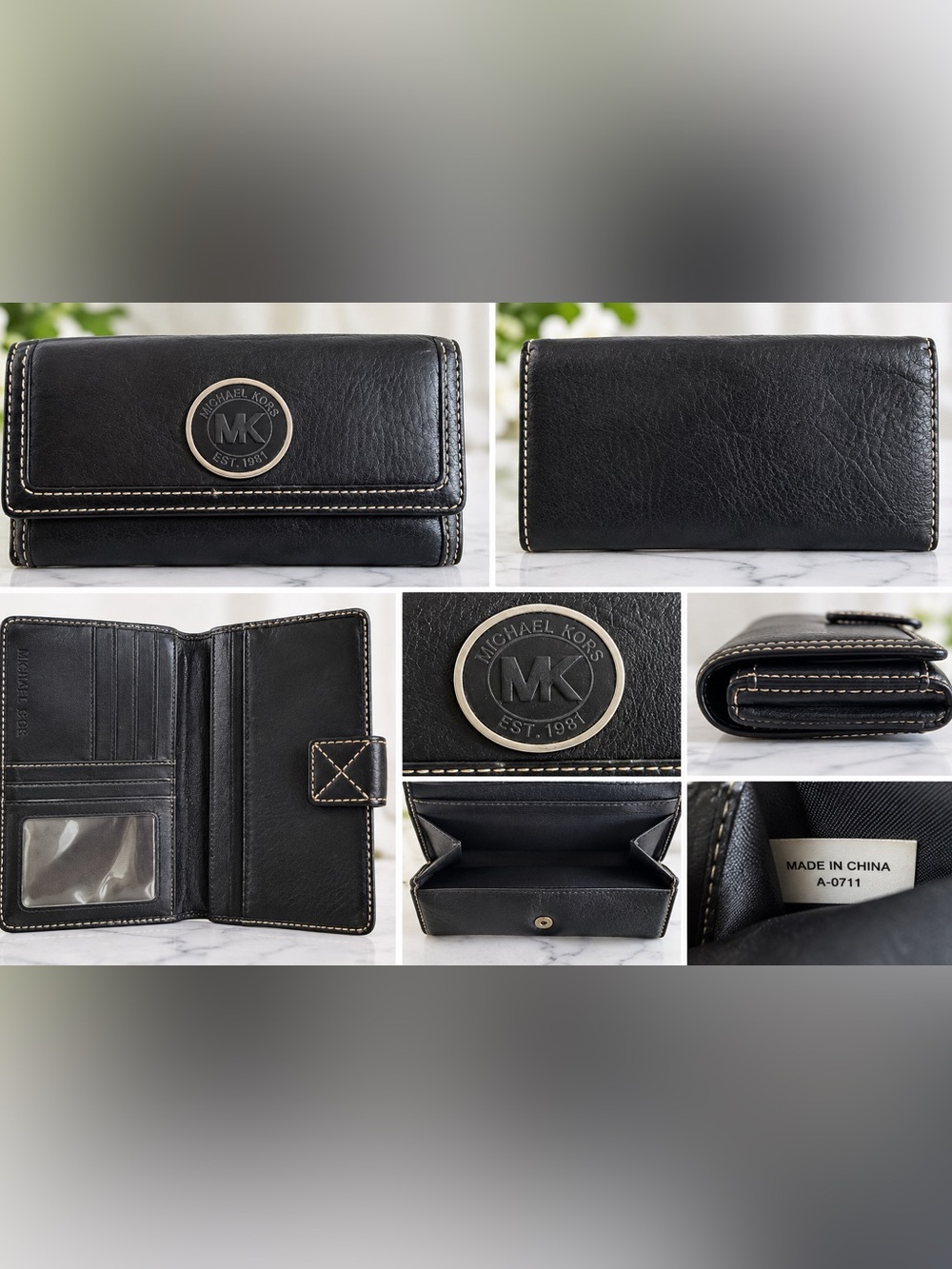 Michael Kors Black Leather Continental Wallet MK Medallion Contrast Stitching